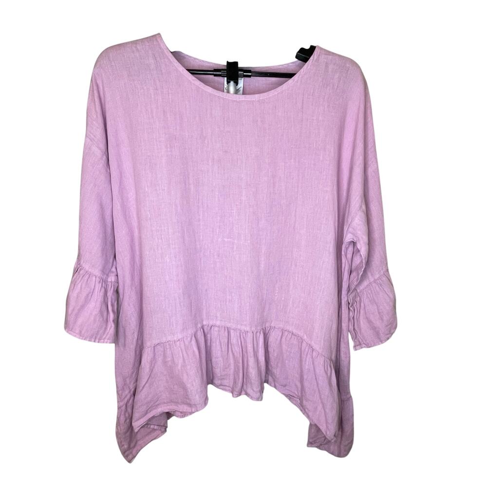 VTG 90s Match Point USA Lavender Linen Lagenlook Ruffle Top Sz M Cottagecore
